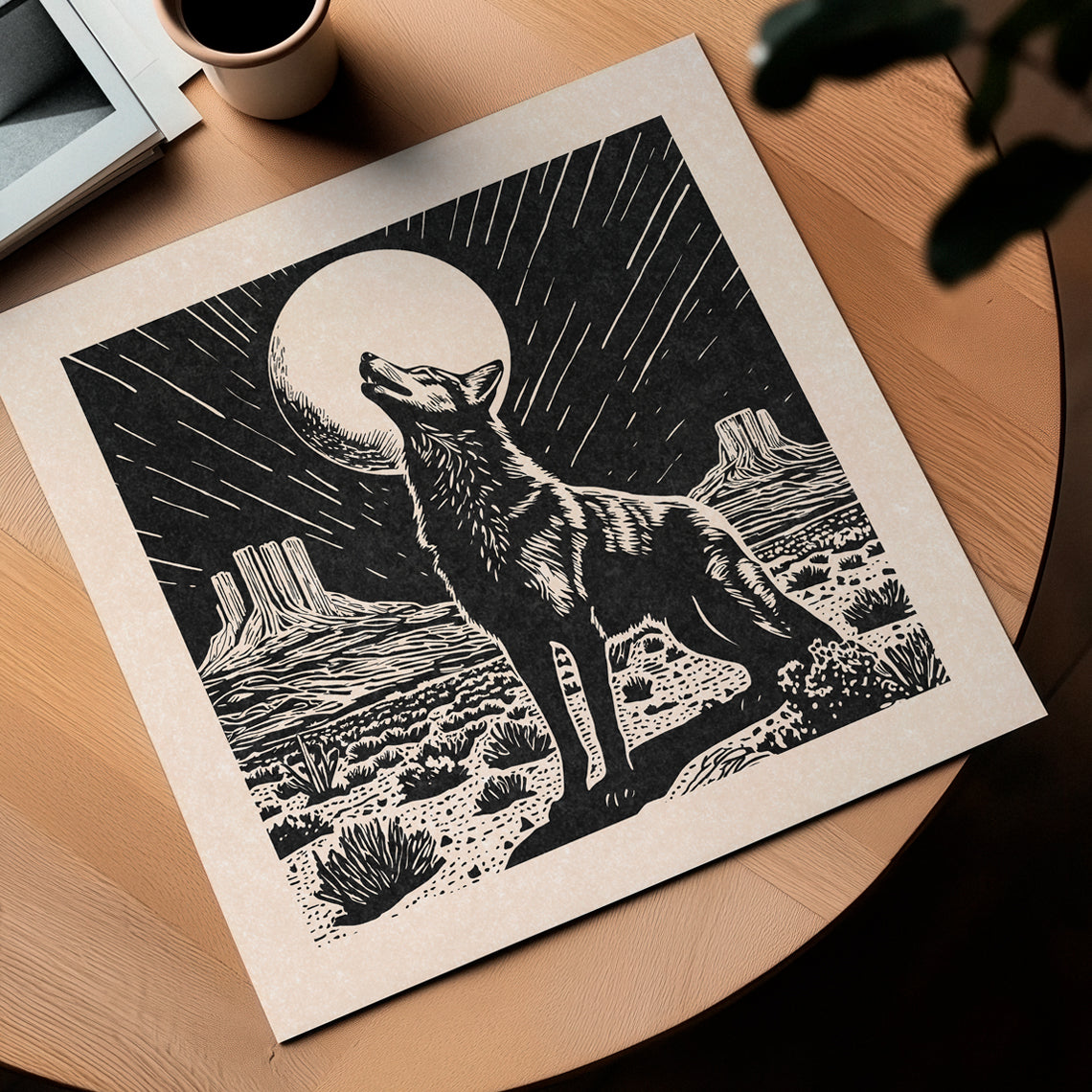 Coyote Moon - Impression linogravure vintage de style Charity - Far West - Impression d'art mural bohème
