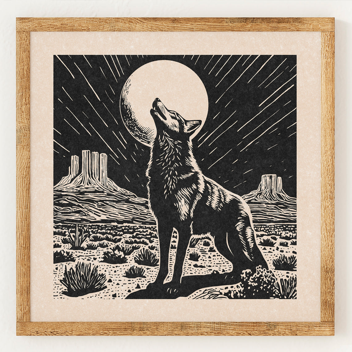 Coyote Moon - Impression linogravure vintage de style Charity - Far West - Impression d'art mural bohème