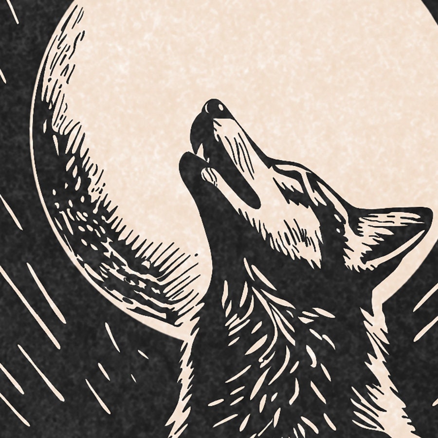Coyote Moon - Impression linogravure vintage de style Charity - Far West - Impression d'art mural bohème