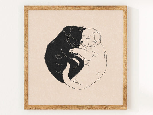 Chiots Yin et Yang - Impression vintage style linogravure - Décoration rétro neutre inspirée des années 70 - Art mural minimaliste bohème