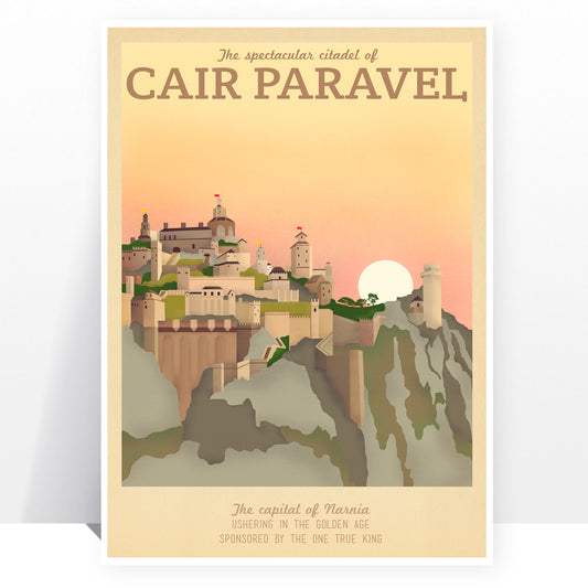 Affiche de voyage rétro - Narnia - Cair Paravel - PLUSIEURS TAILLES - Impression typographique moderne vintage Lion Witch Wardrobe Fantasy Castle Geek Film