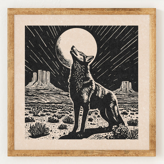 Coyote Moon - Impression linogravure vintage de style Charity - Far West - Impression d'art mural bohème