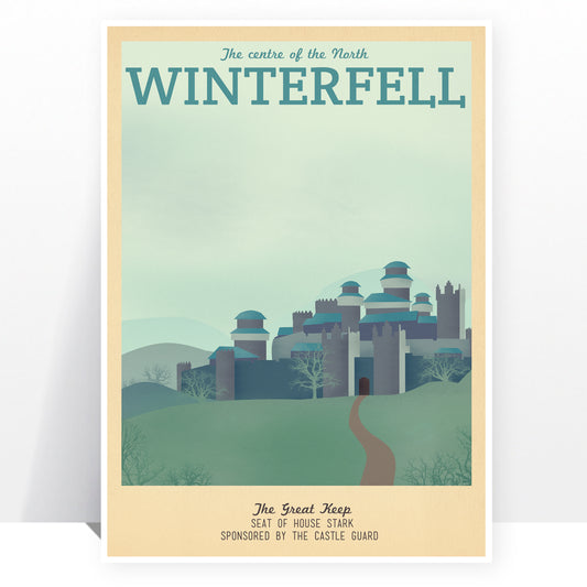 Affiche de voyage rétro - Game of Thrones - Winterfell - PLUSIEURS TAILLES Impression d'art typographique vintage moderne Stark Lannister Jon Snow Tyrion Daenerys