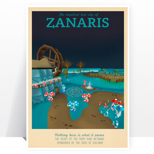 Affiche de voyage rétro - Runescape - Zanaris - PLUSIEURS TAILLES - Impression typographique vintage moderne OSRS Wizard Geek Gamer Gaming