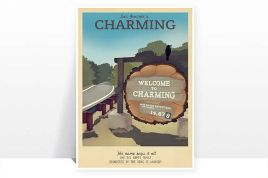 Affiche de voyage rétro - Sons of Anarchy - Charmant - PLUSIEURS TAILLES - Moto Harley Davidson vintage moderne Crow Teller SOA Typographie Imprimer